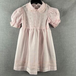 Vintage Sears Dress Girl's Size 6 Pink Eyelet Lace Trim Collar Short Sleeves USA